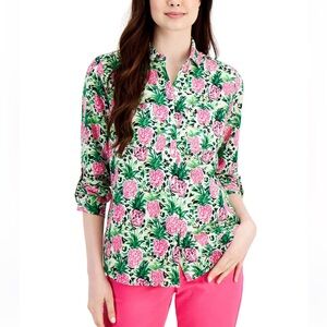 Linen Charter Club tropical Printed pineapple Button-Up Shirt white pink  Large